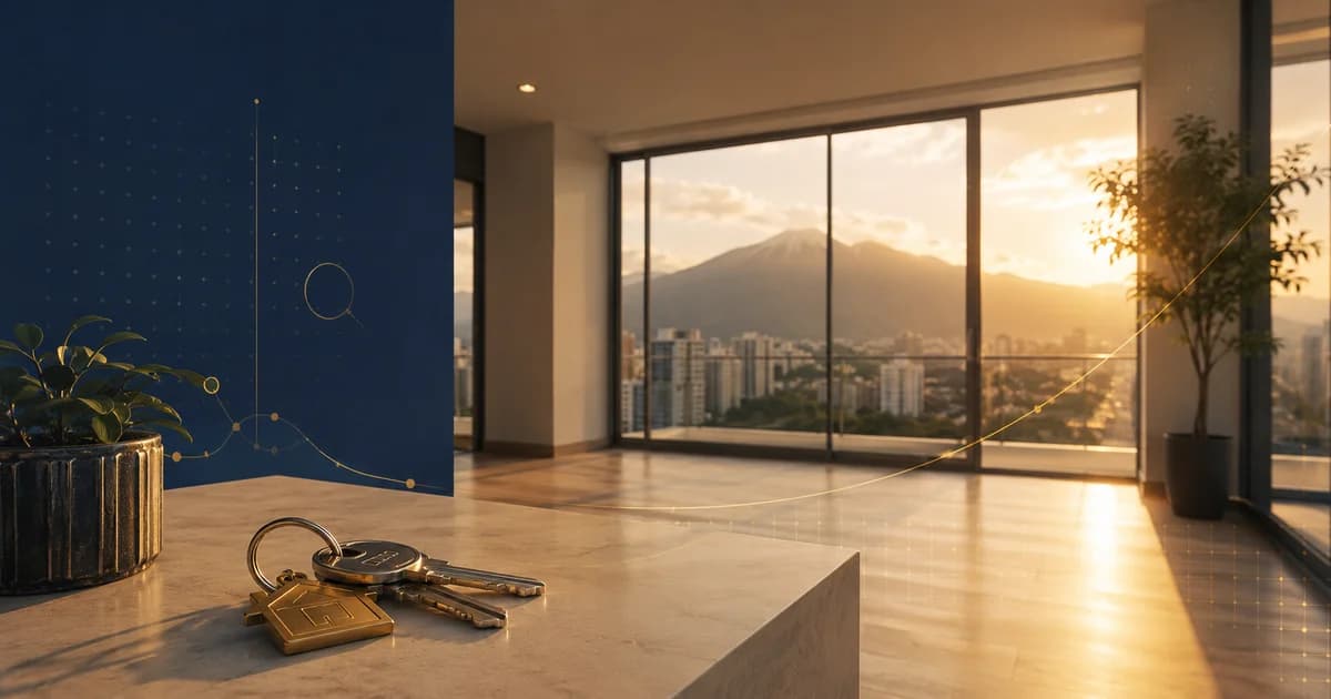 Llaves de un apartamento nuevo sobre una mesa minimalista, con ventanal a Caracas y el Ávila en hora dorada