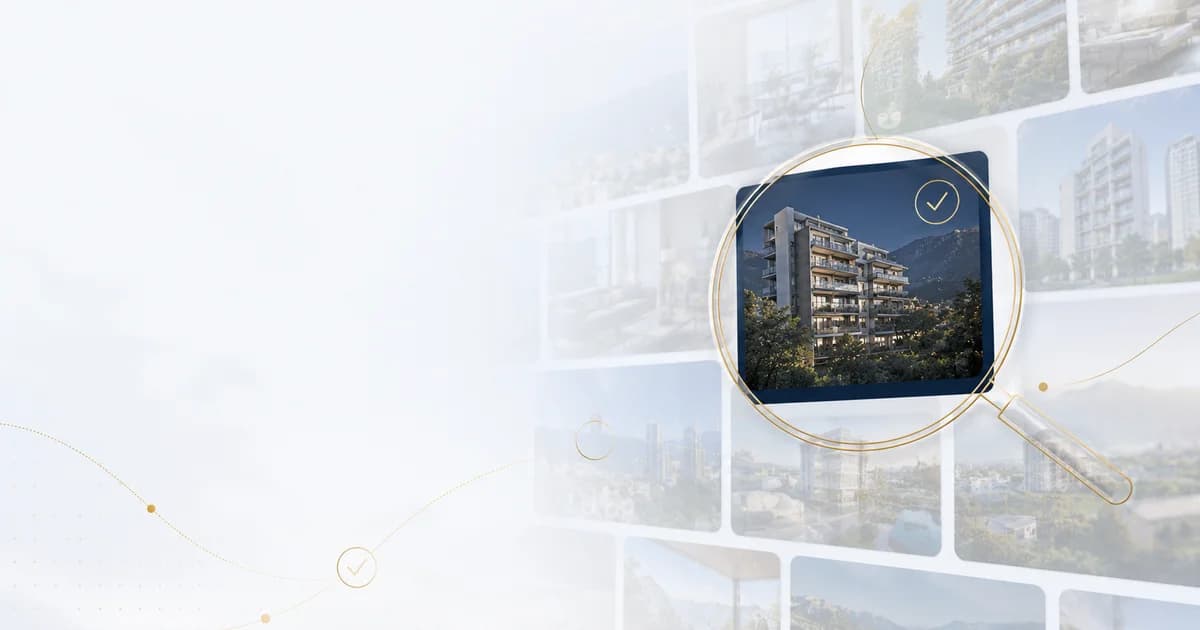 Lupa dorada sobre una cuadrícula de listings inmobiliarios, con una celda destacada como verificada