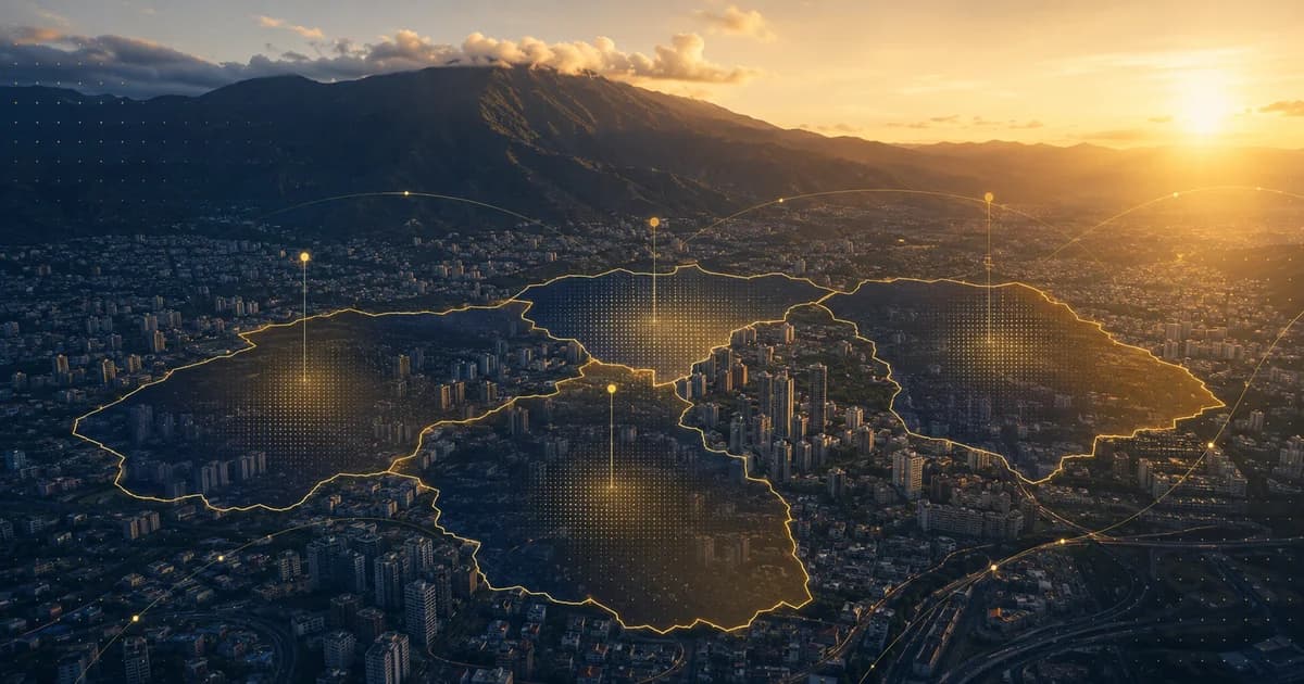 Vista aérea del valle de Caracas con el Ávila al fondo y cinco distritos delineados en líneas doradas de datos