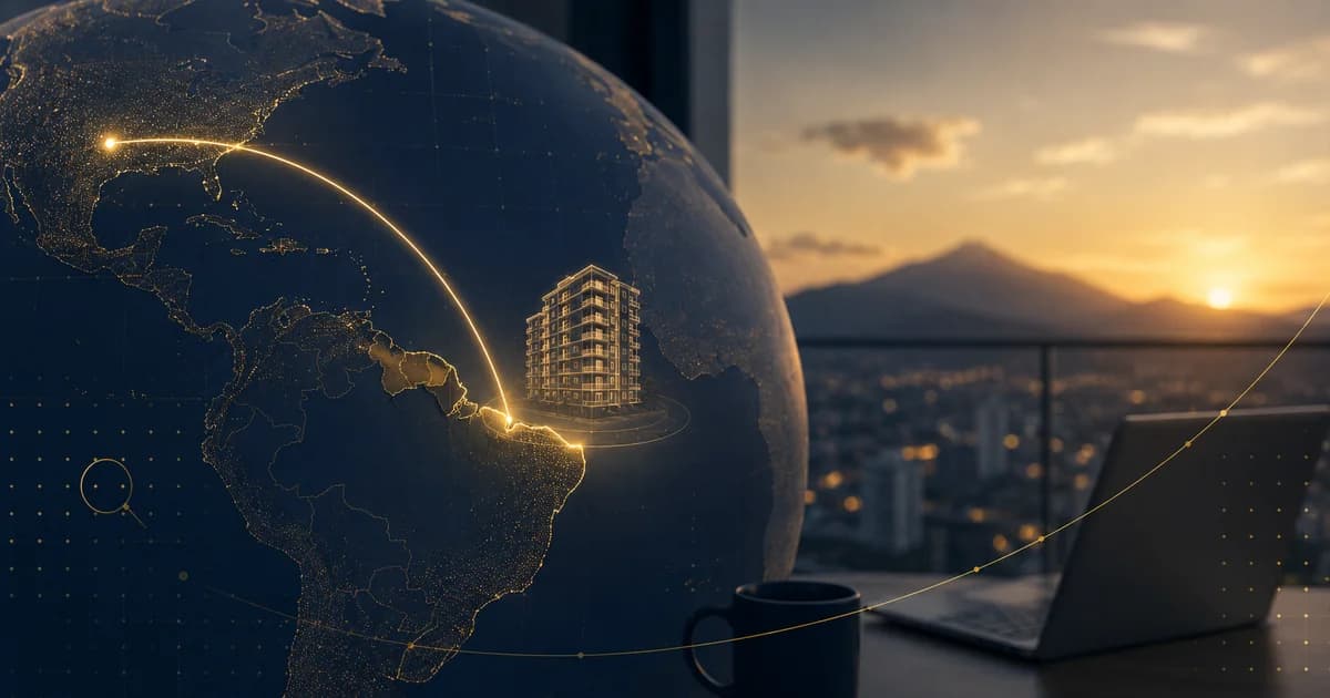 Globo terráqueo estilizado con un arco dorado que conecta el exterior con Caracas y la silueta de un edificio residencial