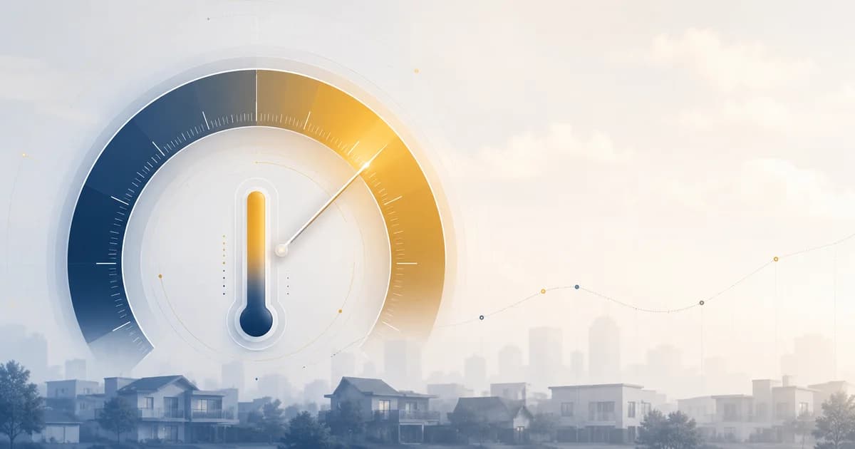 Termómetro abstracto del mercado inmobiliario que va de azul frío a dorado cálido sobre un skyline residencial