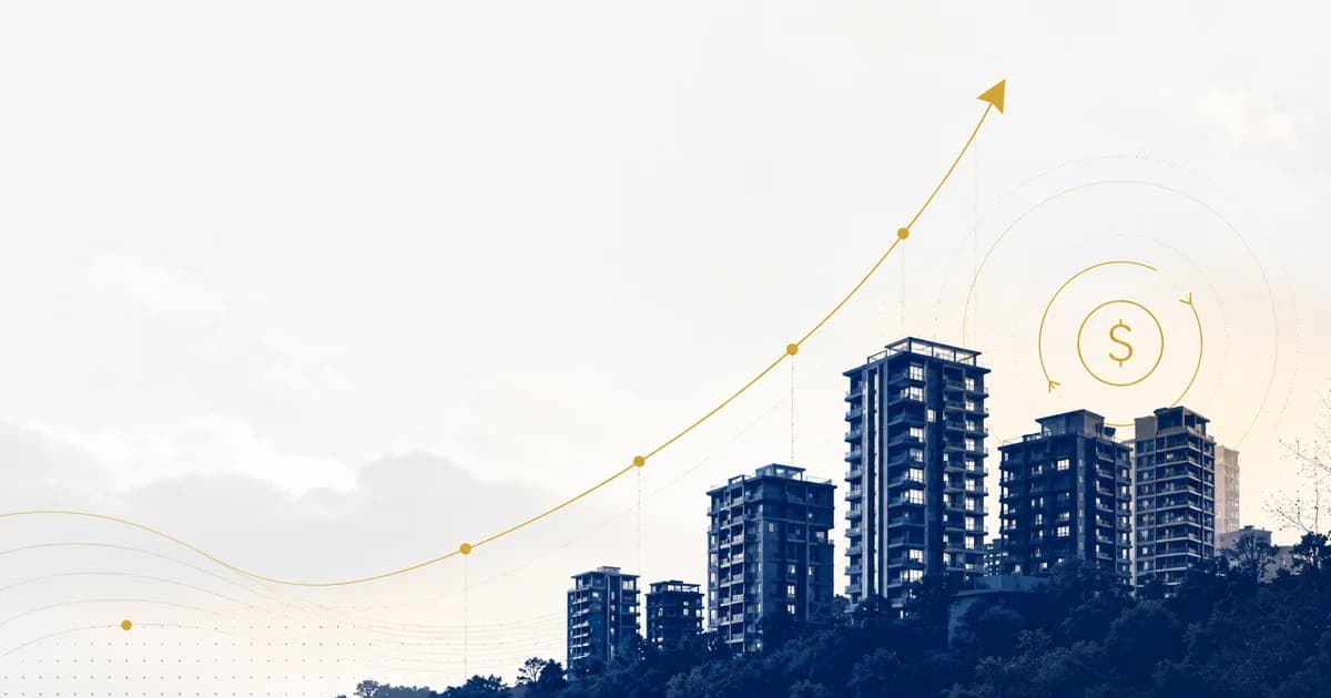 Siluetas de edificios residenciales con una curva de rendimiento ascendente en dorado y puntos de datos