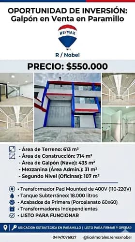 Galpón En Venta En Paramillo 613 M2 Área De Construcción714 M2, Galpón: 435 M2, 3 Niveles Para Area Administrativa, Mezanina. Transformador Pad Mounted De 400v Para 110-220v Tanque Subterráneo
