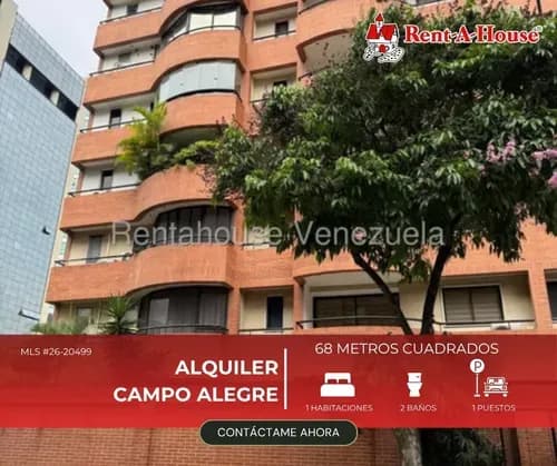 Apartamento En Alquiler En Campo Alegre, Caracas - 68 M2, Amoblado, 1 Habitación, 2 Baños Y Puesto Cubierto. Mls #26-18553.