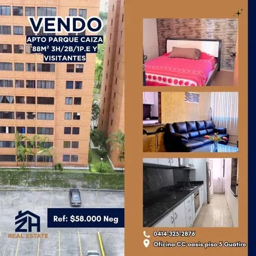 Vendo Apartamento En Parque Caiza. Municipio Sucre 88m2, 3h 2b 1e + Estacionamiento Para Visitante Cocina Empotrada Piso De Porcelanato En La Sala, Piso De Parquet En Las Habitaciones Más Closets