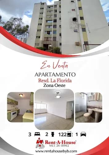 *rent A House Vende _*apartamento_ _la Florida 3 Habitaciones . 2 Sala De Baño. Mtrs2 122 . 1 Puesto De Estacionamiento _*bondades:*_ Buena Distribución Pisos De Granito. L.g