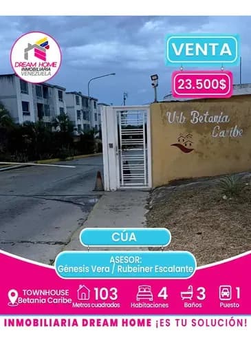 Townhouse En Venta Res. Betania Caribe Cúa