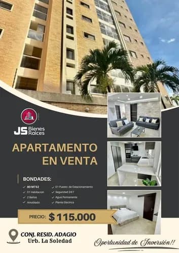 Apartamento En Venta Tipo Estudio Amoblado Con Planta Eléctrica En La Urb. La Soledad. 002jsc