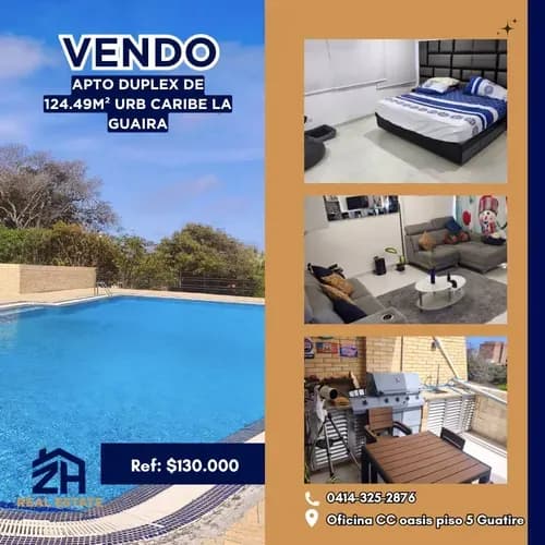 Vendo Apartamento Duplex De 124,49 *amoblado* En La Urbanización Caribe Estado La Guaira. Lo Mejor De Esta Propiedad Que Tiene Vista Al Mar, Piscina Activa Y Cancha De Golf. Ubicación Privilegiada