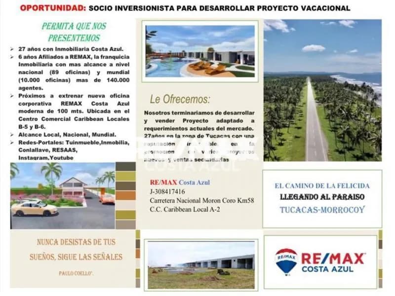 OPORTUNIDAD PARA SOCIO-INVERSIONISTAS PARA DESARROLLAR PROYECTO VACACIONAL FRENTE A PUERTO MORROCOY EN TUCACAS.
