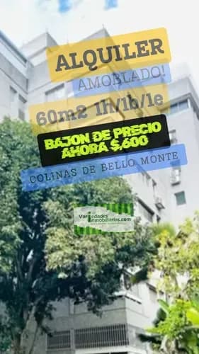 En Alquiler Apartamento De 60 M2. Colinas De Bello Monte. 1 Habitación 1 Baño Nuevo 1 Estacionamiento Techado. Amoblado. $,600